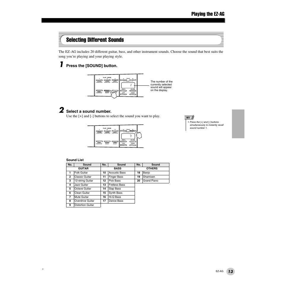 Selecting different sounds, Playing the ez-ag, Press the [sound] button | Select a sound number, Sound list | Yamaha 2 EZ-AG User Manual | Page 13 / 36