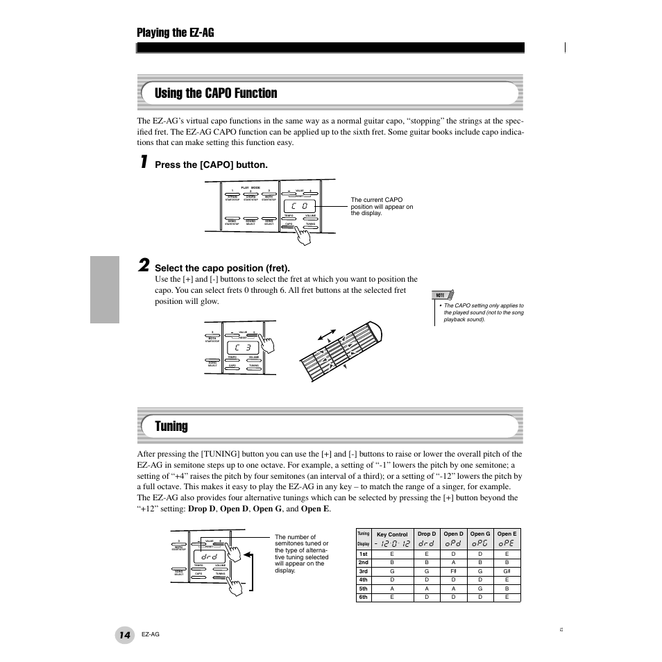 Using the capo function, Tuning, Age 14) | Playing the ez-ag, Press the [capo] button, Select the capo position (fret) | Yamaha 2 EZ-AG User Manual | Page 14 / 36