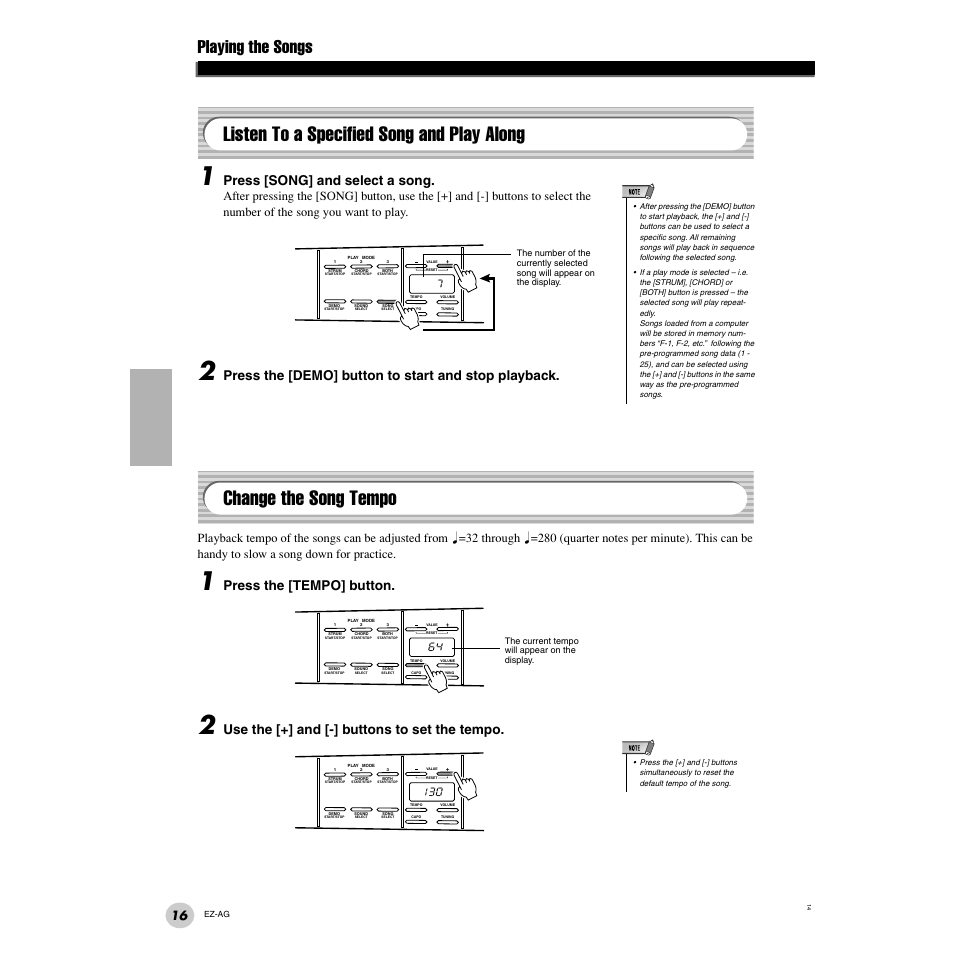 Listen to a specified song and play along, Change the song tempo, Playing the songs | Press [song] and select a song, Press the [demo] button to start and stop playback, Press the [tempo] button, Use the [+] and [-] buttons to set the tempo | Yamaha 2 EZ-AG User Manual | Page 16 / 36