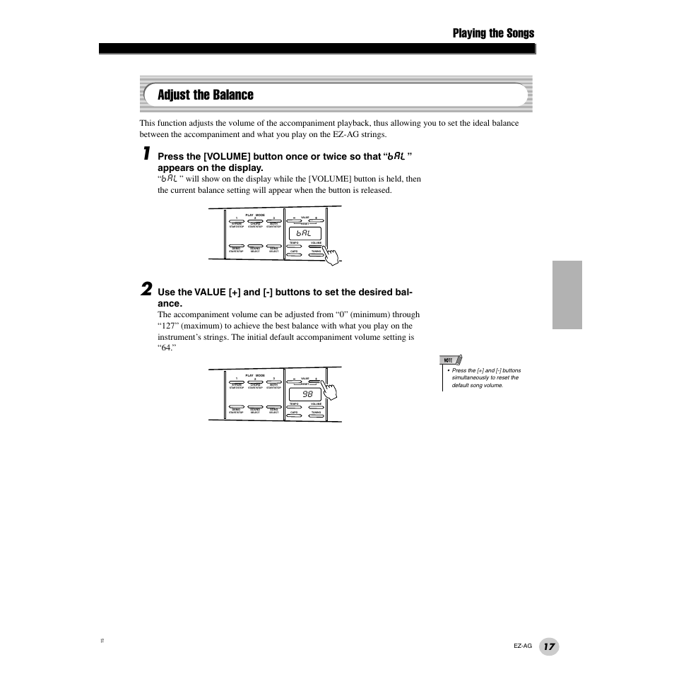 Adjust the balance, Playing the songs | Yamaha 2 EZ-AG User Manual | Page 17 / 36