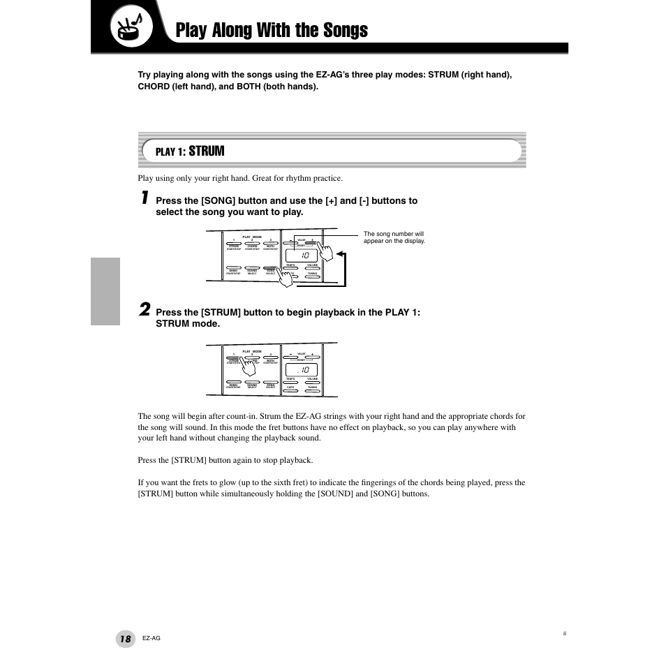 Play along with the songs, Play 1: strum, Age 18) | Strum, Play 1 | Yamaha 2 EZ-AG User Manual | Page 18 / 36