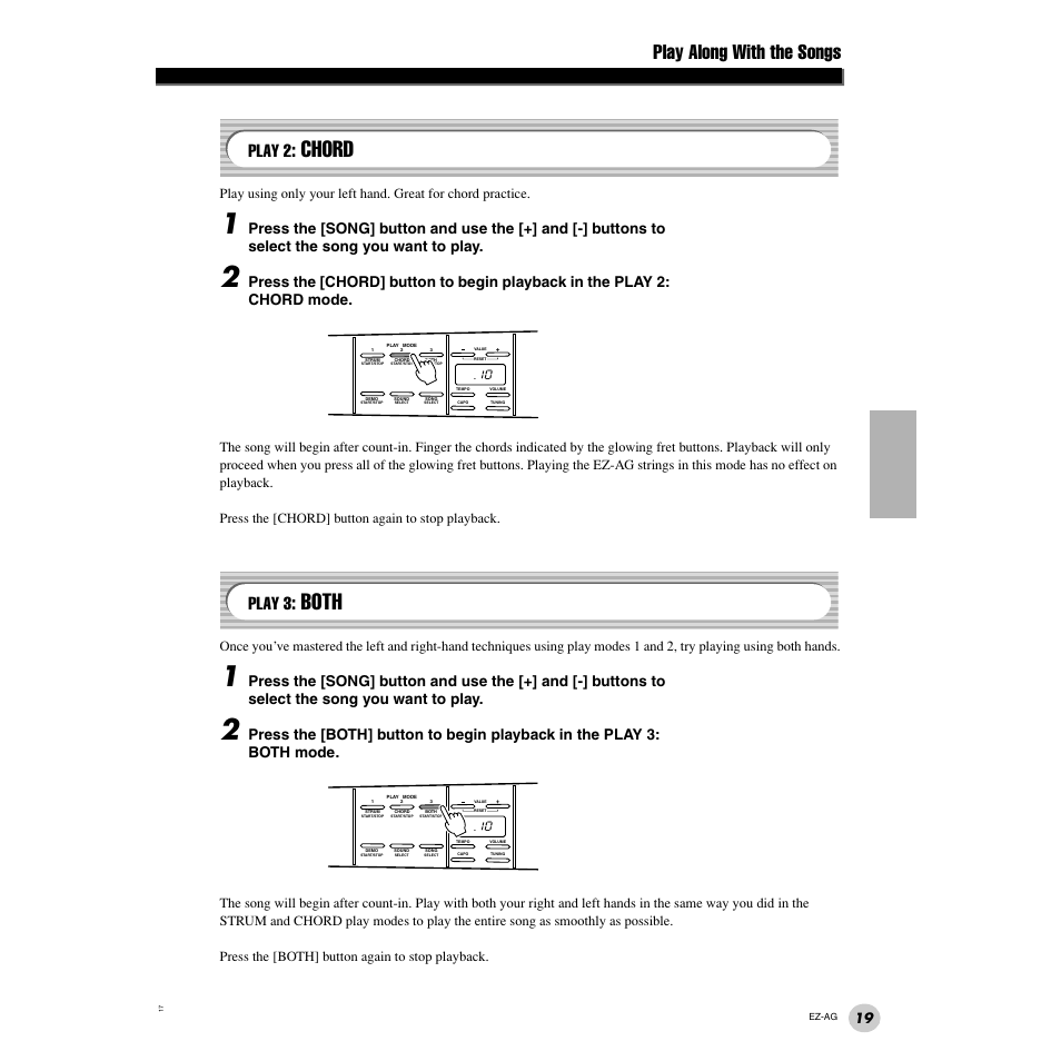 Play 2: chord, Play 3: both, Age 19) | Chord, Both, Play along with the songs, Play 2, Play 3 | Yamaha 2 EZ-AG User Manual | Page 19 / 36