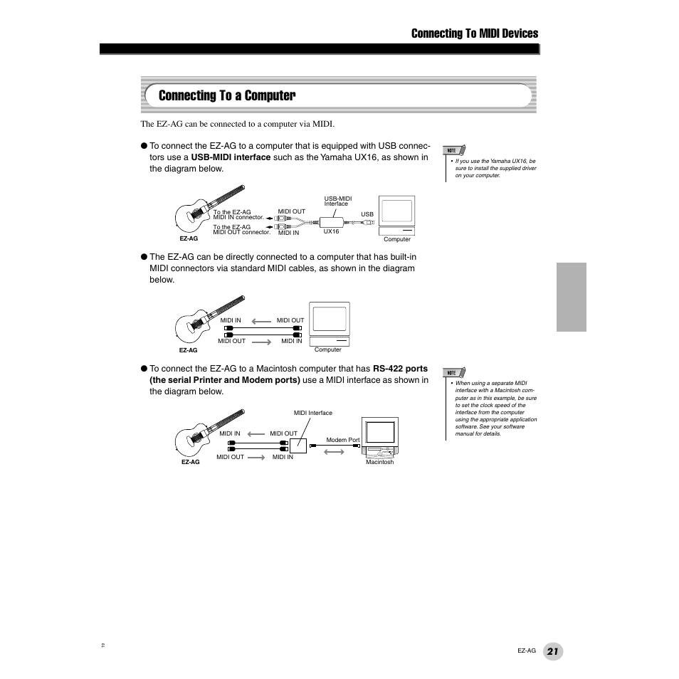 Connecting to a computer, Connecting to midi devices | Yamaha 2 EZ-AG User Manual | Page 21 / 36