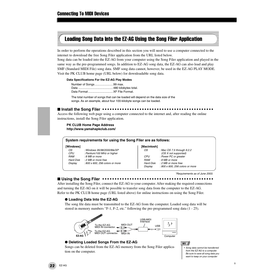 Loading song data into the ez-ag using the, Song filer application, Connecting to midi devices | Yamaha 2 EZ-AG User Manual | Page 22 / 36
