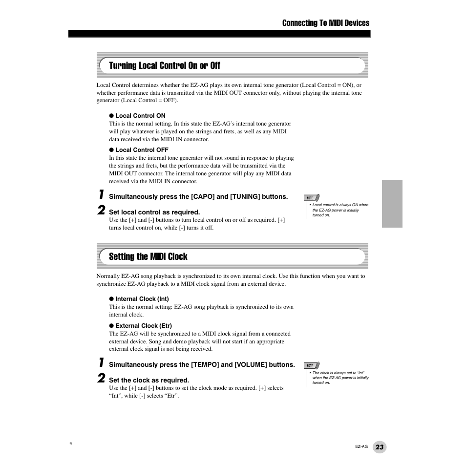 Turning local control on or off, Setting the midi clock, Connecting to midi devices | Yamaha 2 EZ-AG User Manual | Page 23 / 36
