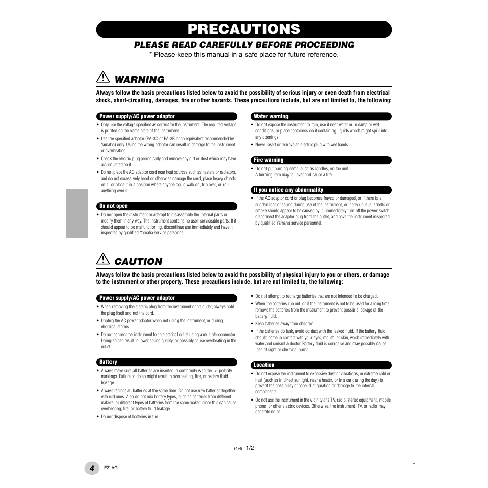 Precautions, Warning, Caution | Please read carefully before proceeding | Yamaha 2 EZ-AG User Manual | Page 4 / 36