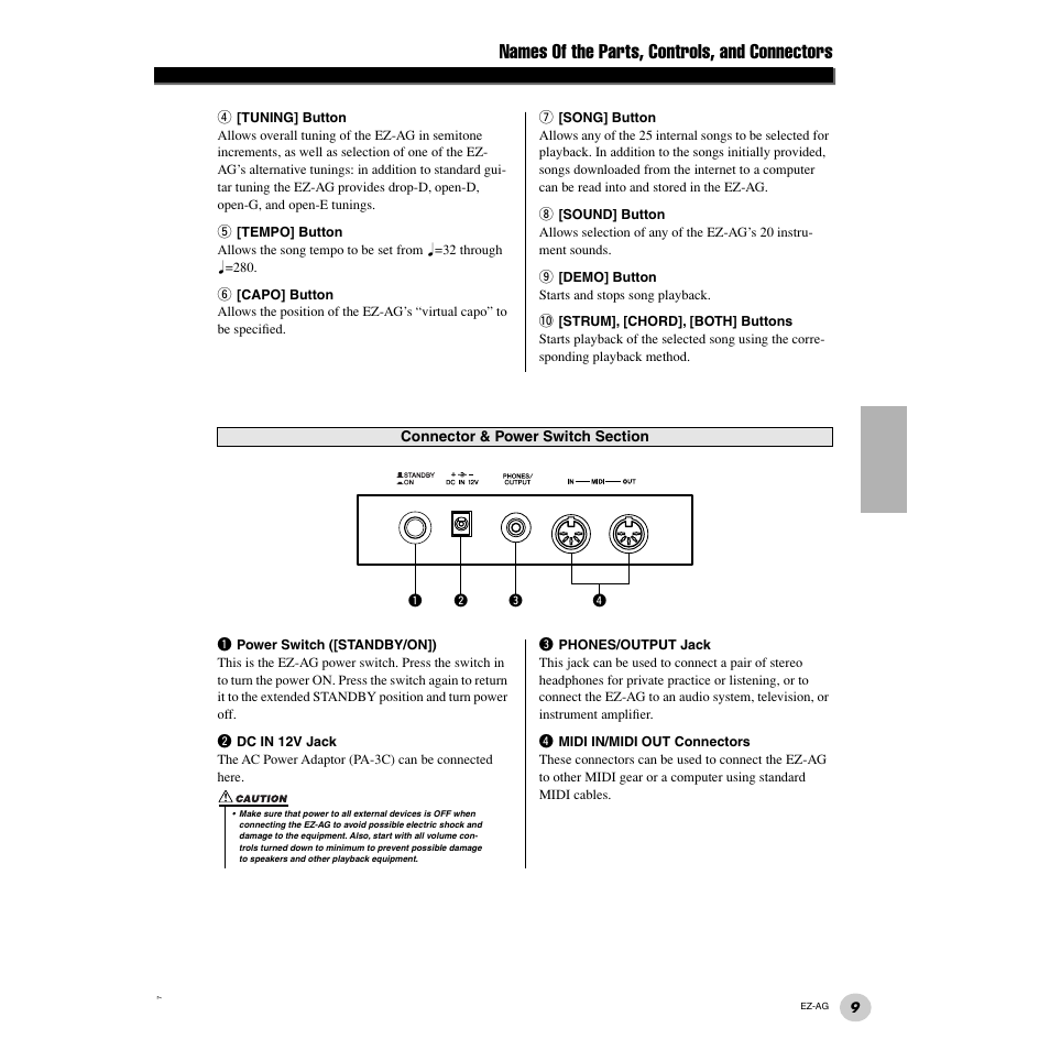 Names of the parts, controls, and connectors | Yamaha 2 EZ-AG User Manual | Page 9 / 36
