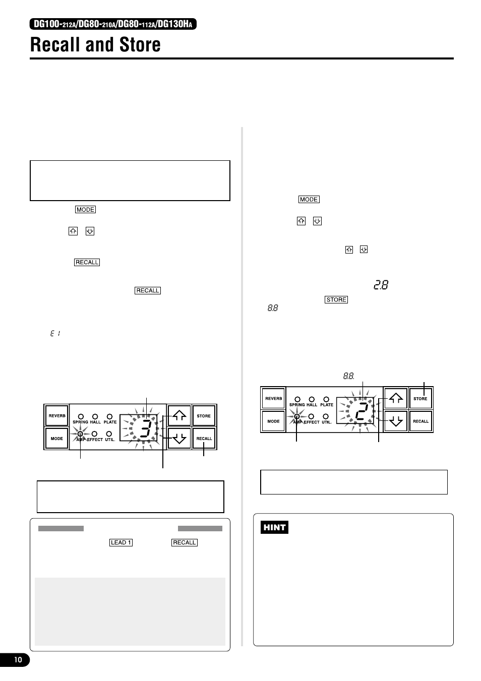 Recall and store, Recall memory (recall), Store settings | Dg100, Dg80, Dg130h | Yamaha DG130HA User Manual | Page 10 / 84