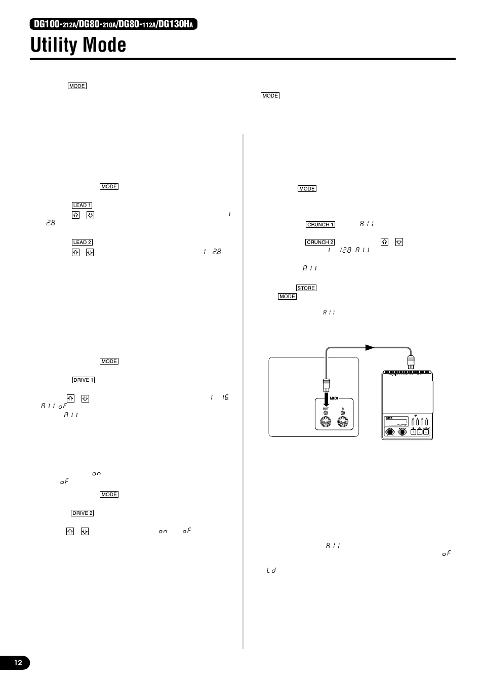 Utility mode, Creating a program change table, Set the midi receive channel | Set the midi merge, Midi bulk out, Midi bulk in, Dg100, Dg80, Dg130h | Yamaha DG130HA User Manual | Page 12 / 84