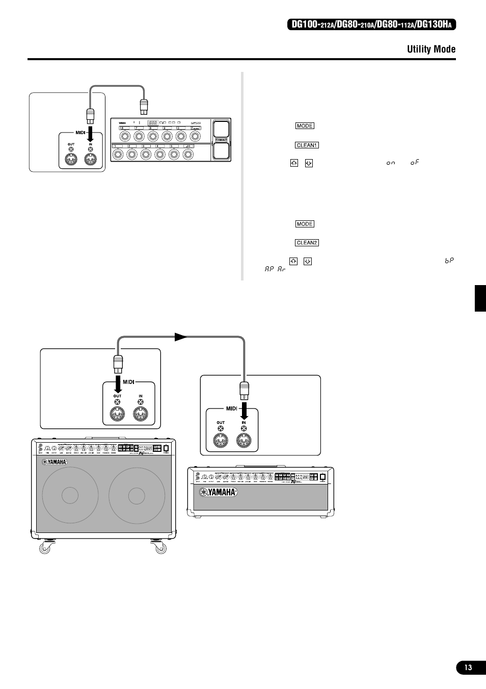 Midi transmission/reception between, Dg series amplifiers, Speaker simulator on/off | Set the volume pedal position, Utility mode, Dg100, Dg80, Dg130h | Yamaha DG130HA User Manual | Page 13 / 84