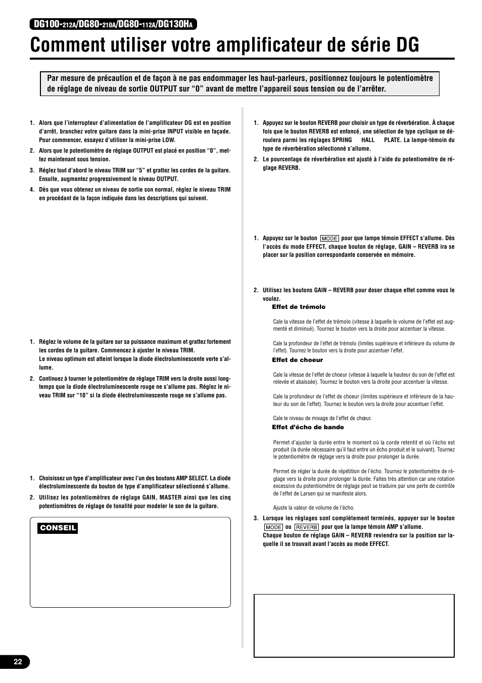 Comment utiliser votre amplificateur de série dg, Commandez tout d’abord la sortie son, Réglez le niveau trim | Paramètres de réglage de son, Réglages de réverbération, Dg100, Dg80, Dg130h | Yamaha DG130HA User Manual | Page 22 / 84