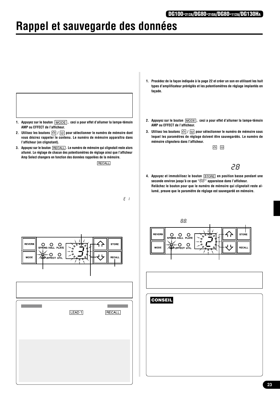 Rappel et sauvegarde des données, Rappel de mémoire, Sauvegarde des paramètres de réglage | Dg100, Dg80, Dg130h | Yamaha DG130HA User Manual | Page 23 / 84