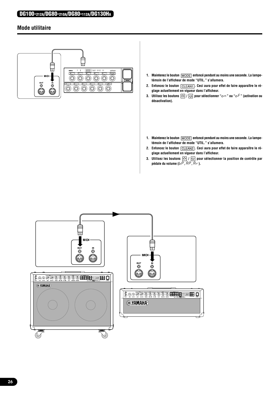 Transmission ou réception de données midi, Entre des amplificateurs de série dg, Mode utilitaire | Dg100, Dg80, Dg130h | Yamaha DG130HA User Manual | Page 26 / 84