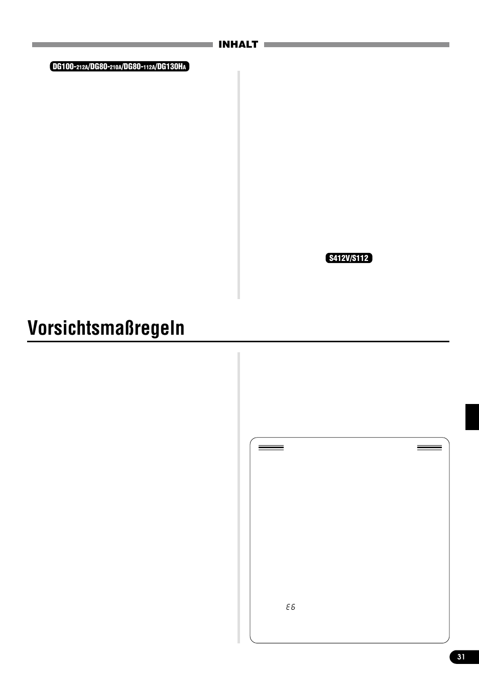Inhalt, Vorsichtsmaßregeln | Yamaha DG130HA User Manual | Page 31 / 84