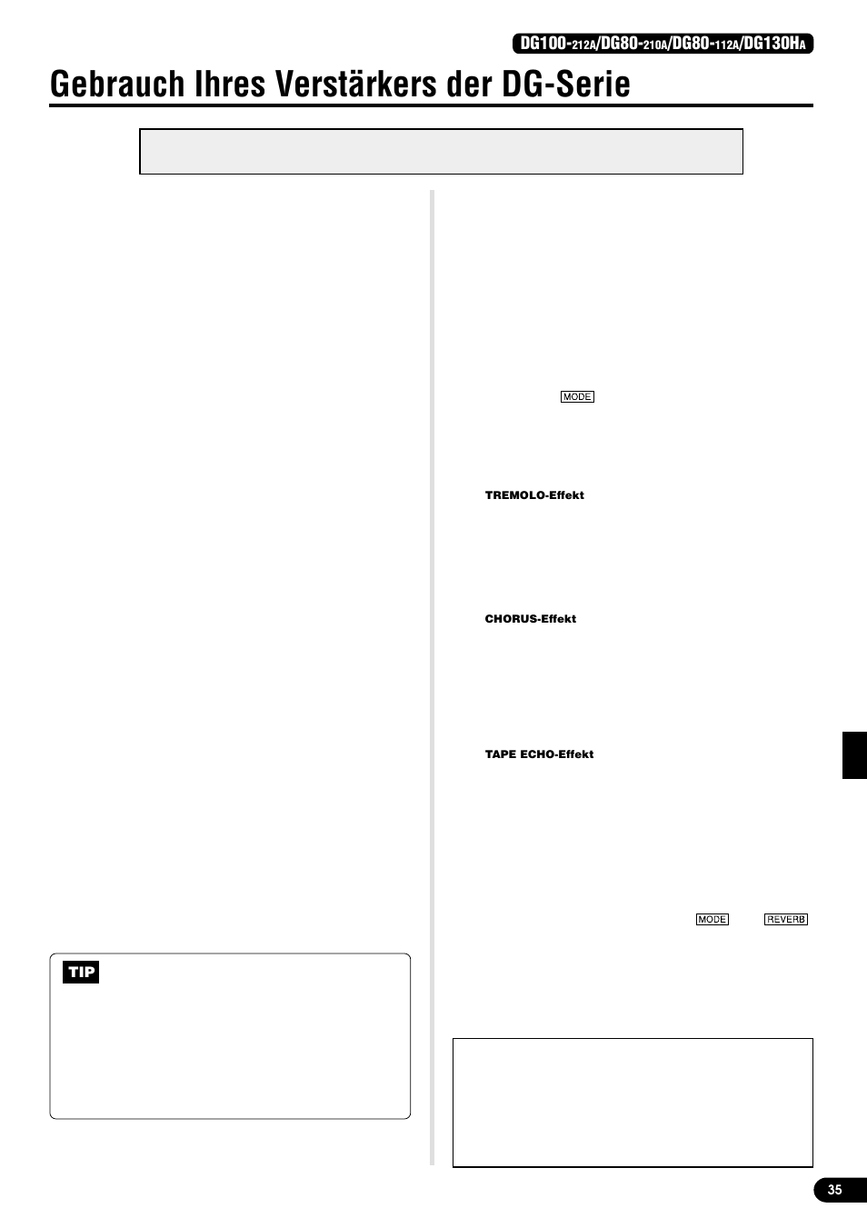 Gebrauch ihres verstärkers der dg-serie, Zunächst einen provisorischen klang erzeugen, Den trim-pegel einstellen | Klangeinstellungen, Reverb-einstellungen, Effekteinstellungen (tremolo, chorus, tape echo), Dg100, Dg80, Dg130h | Yamaha DG130HA User Manual | Page 35 / 84
