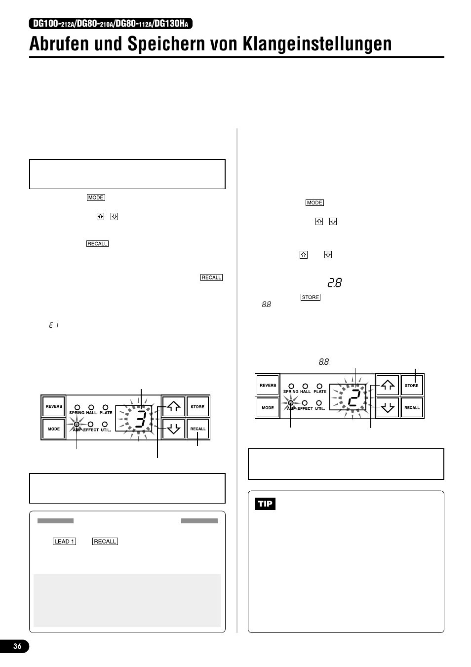 Abrufen und speichern von klangeinstellungen, Abrufen gespeicherter klangeinstellungen, Speichern von klangeinstellungen | Dg100, Dg80, Dg130h | Yamaha DG130HA User Manual | Page 36 / 84