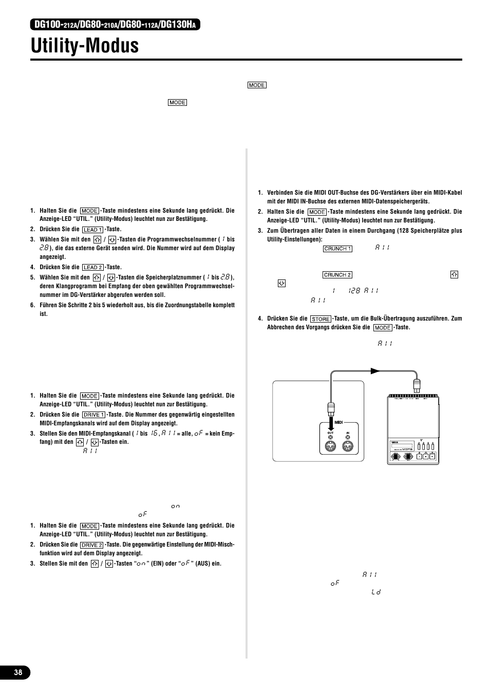 Utility-modus, Einrichten einer midi-programmwechseltabelle, Einstellen des midi-empfangskanals | Einstellen der midi-mischfunktion (merge), Midi bulk-übertragung, Midi bulk-empfang, Dg100, Dg80, Dg130h | Yamaha DG130HA User Manual | Page 38 / 84