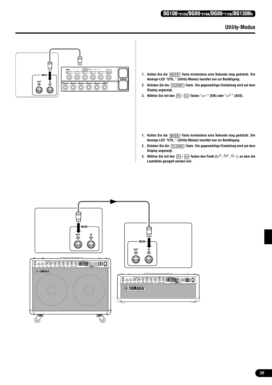 Midi-übertragung/empfang zwischen, Verstärkern der dg-serie, Ein- und ausschalten des lautsprechersimulators | Einstellen des regelpunkts für, Pedalgesteuerte lautstärkeregelung, Utility-modus, Dg100, Dg80, Dg130h | Yamaha DG130HA User Manual | Page 39 / 84