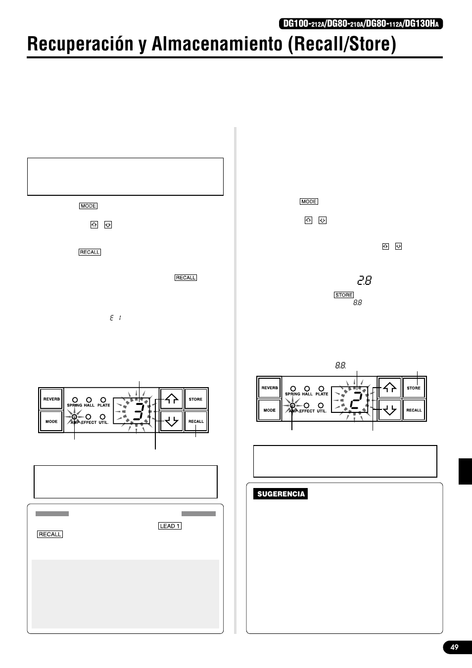 Recuperación y almacenamiento (recall/store), Recuperación de la memoria (recall), Almacenamiento de ajustes (store) | Dg100, Dg80, Dg130h | Yamaha DG130HA User Manual | Page 49 / 84