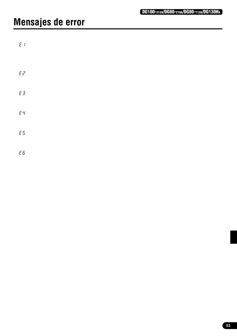 Mensajes de error, Dg100, Dg80 | Dg130h | Yamaha DG130HA User Manual | Page 53 / 84