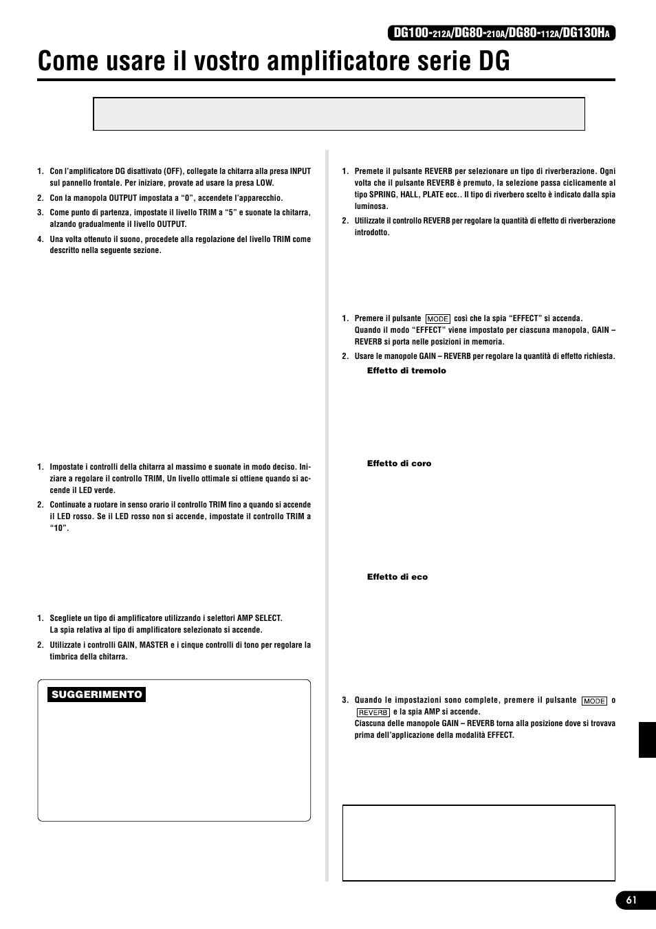 Come usare il vostro amplificatore serie dg, Innanzitutto, ottenete il suono, Regolate il controllo trim | Impostazione del suono, Impostazione del riverbero, Dg100, Dg80, Dg130h | Yamaha DG130HA User Manual | Page 61 / 84