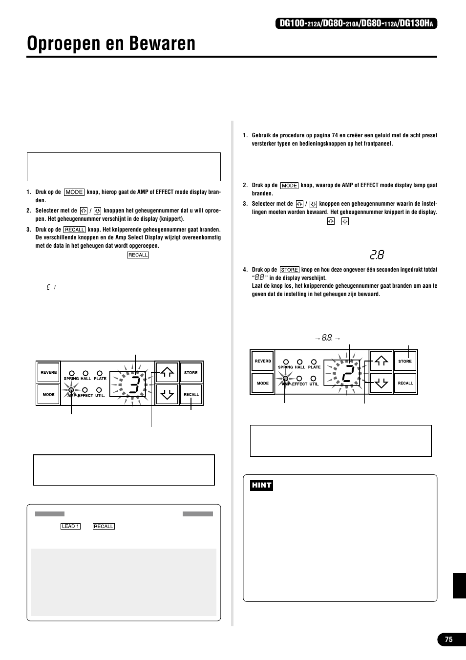 Oproepen en bewaren, Geheugen oproepen (recall), Store (opslaan) instellingen | Dg100, Dg80, Dg130h | Yamaha DG130HA User Manual | Page 75 / 84