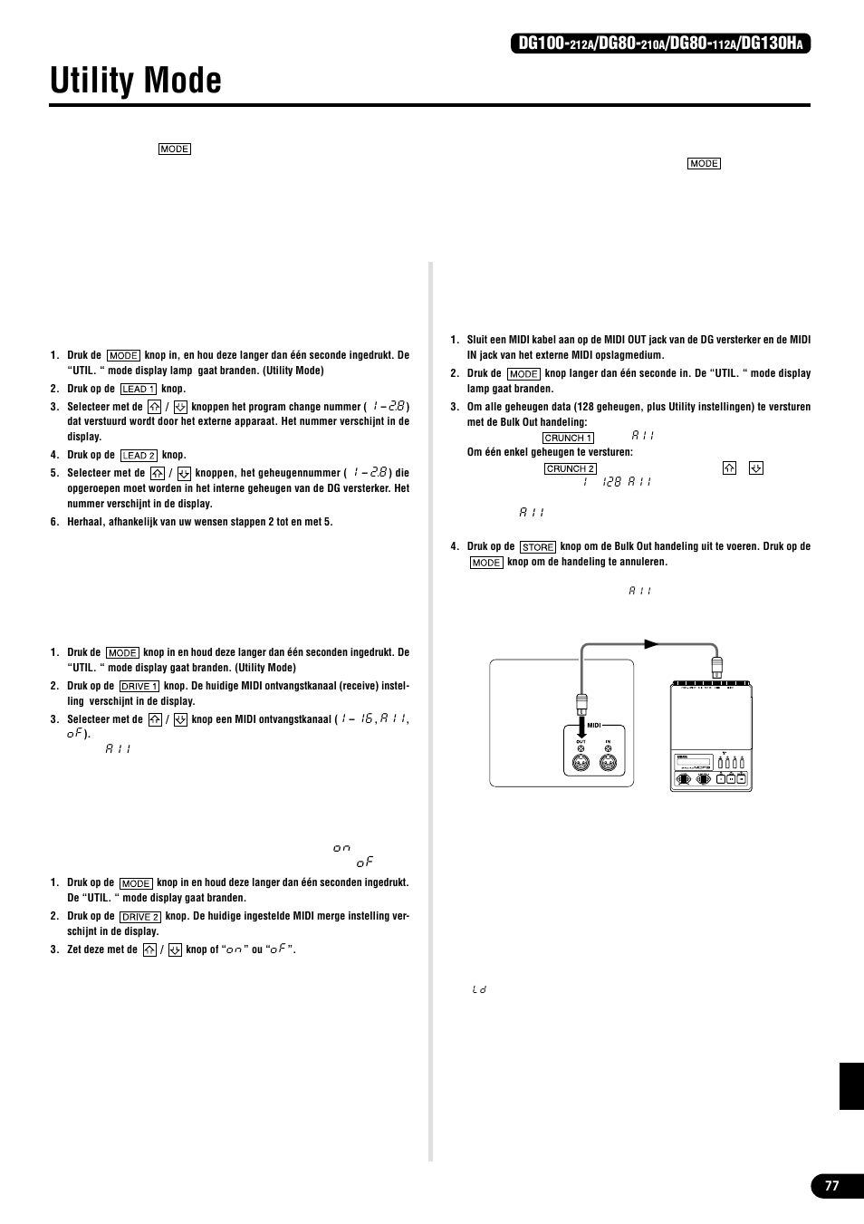 Utility mode, Een program change table creëren, Stel het midi ontvangstkanaal in | Stel de midi merge in, Midi bulk out, Midi bulk in, Dg100, Dg80, Dg130h, Een program change tabel creëeren | Yamaha DG130HA User Manual | Page 77 / 84