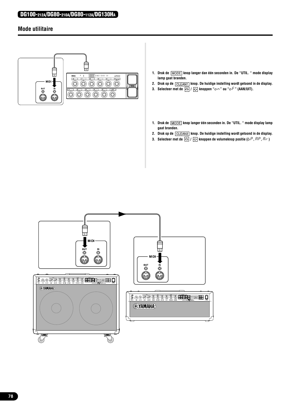 Luidspreker simulator on/off, Stel de volume pedaal positie in, Mode utilitaire | Dg100, Dg80, Dg130h | Yamaha DG130HA User Manual | Page 78 / 84