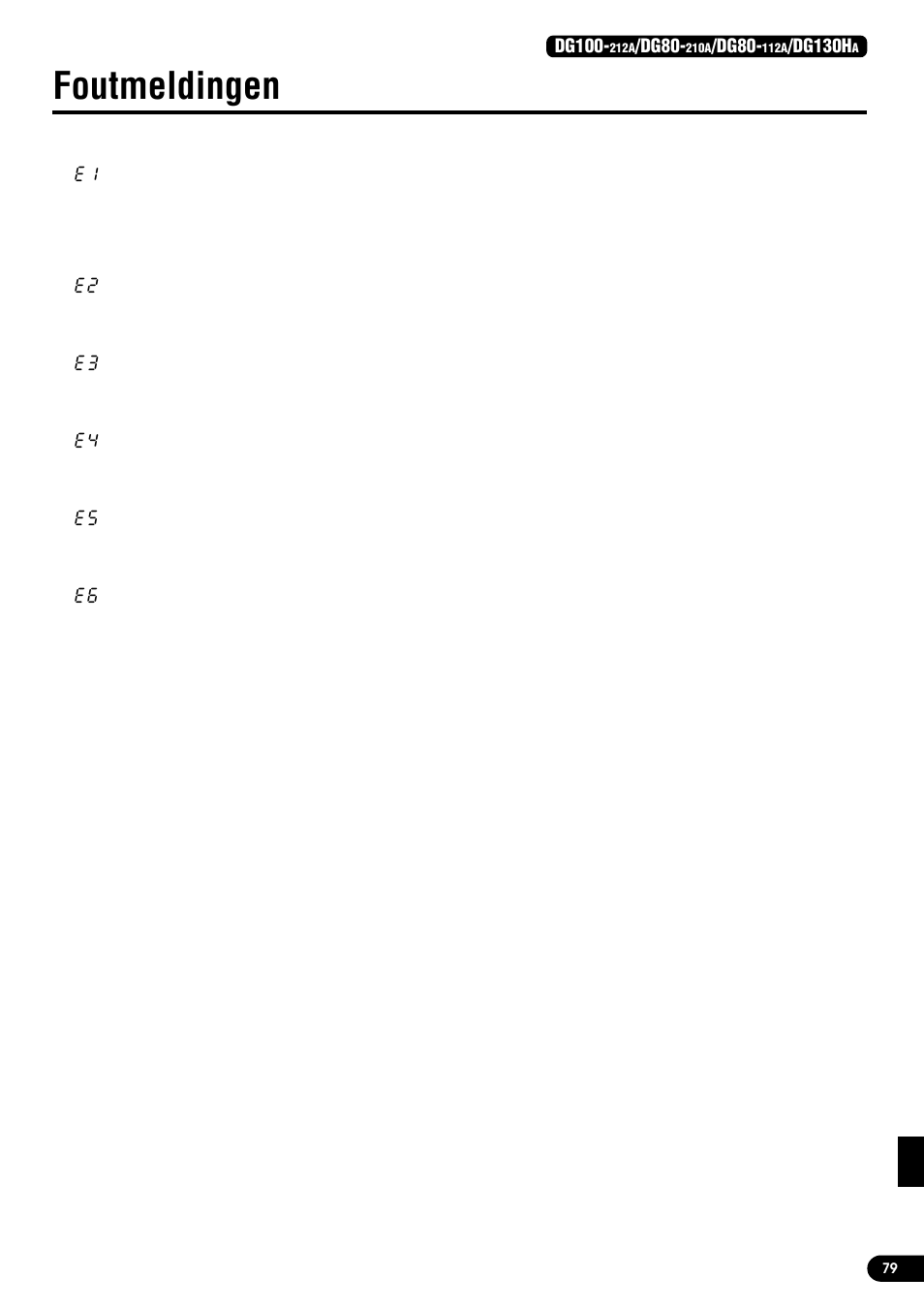 Foutmeldingen, Dg100, Dg80 | Dg130h | Yamaha DG130HA User Manual | Page 79 / 84