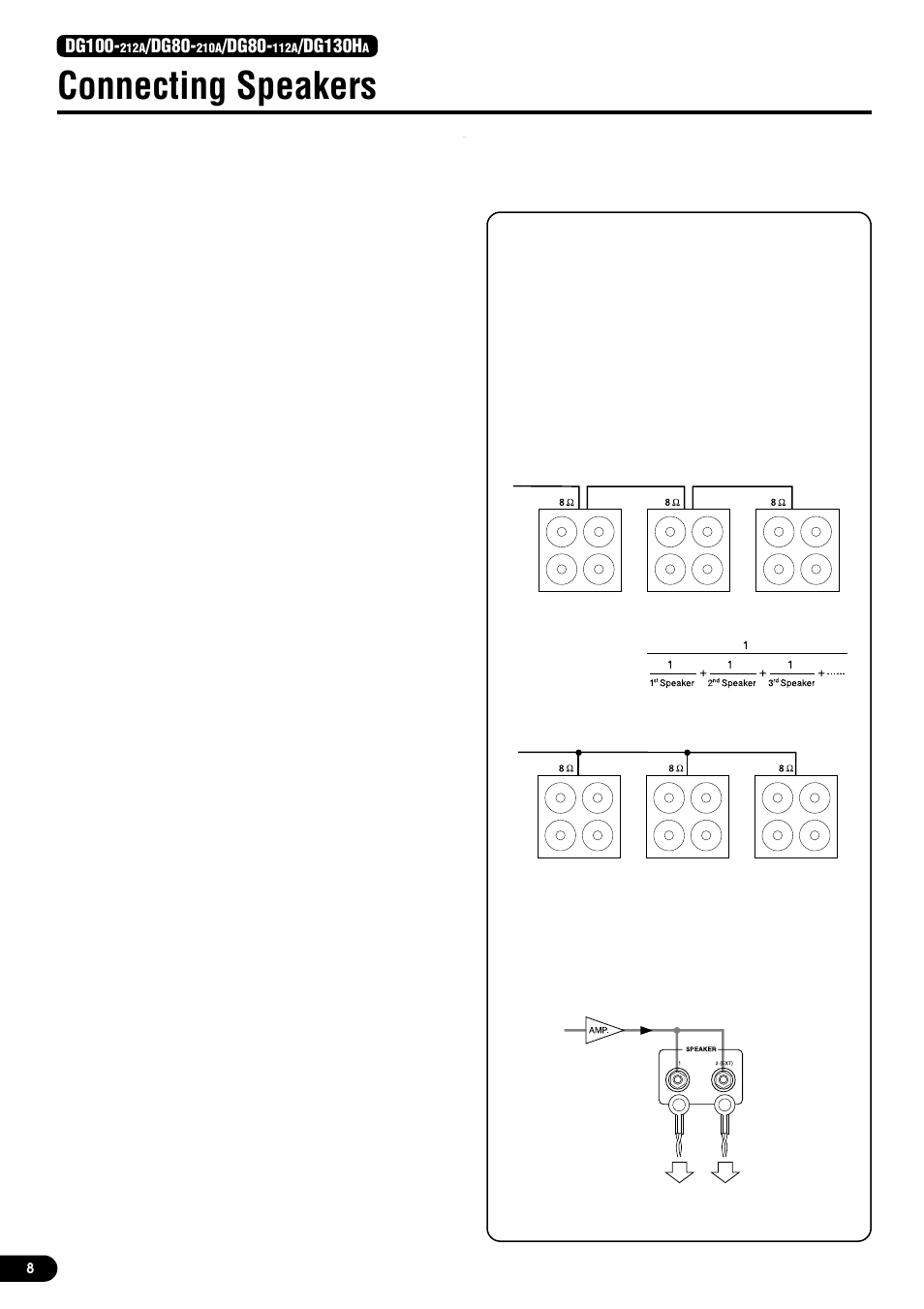 Connecting speakers, For the dg100-212a, For the dg80-210a/dg80-112a | For the dg130ha, Total impedance, Dg100, Dg80, Dg130h | Yamaha DG130HA User Manual | Page 8 / 84