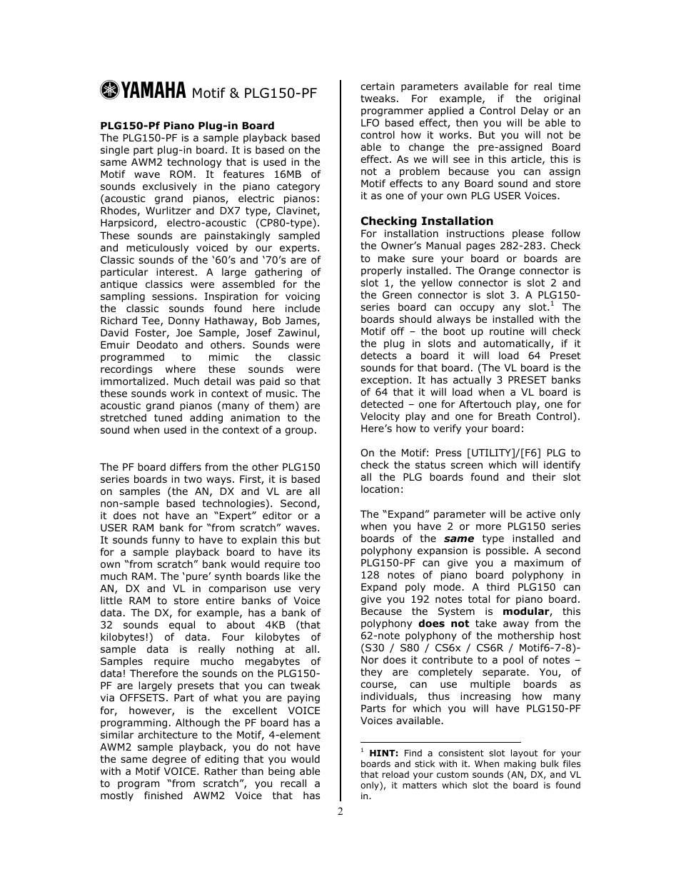 Plg150-pf piano plug-in board, Checking installation, Motif & plg150-pf | Yamaha Motif and the Modular Synthesis Plug-in System Professional Piano Plug-in Board PLG150-PF User Manual | Page 2 / 8