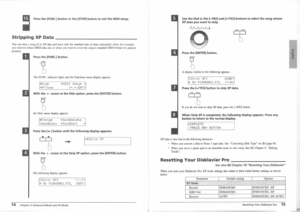 Press the [func] button, Press the [enter] button, Press the [+/yes] button to strip xp data | Complete, Xp mode, Stripping xp data, Resetting your disklavier pro | Yamaha Disklavier PRO Series User Manual | Page 11 / 14