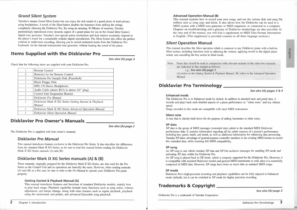 Advanced operation manual (b), Enhanced mode, Silent note | Xp data, Xp song, Xp mode, Items supplied with the disklavier pro, Disklavier pro owner's manuals, Disklavier pro terminology, Trademarks & copyright | Yamaha Disklavier PRO Series User Manual | Page 5 / 14