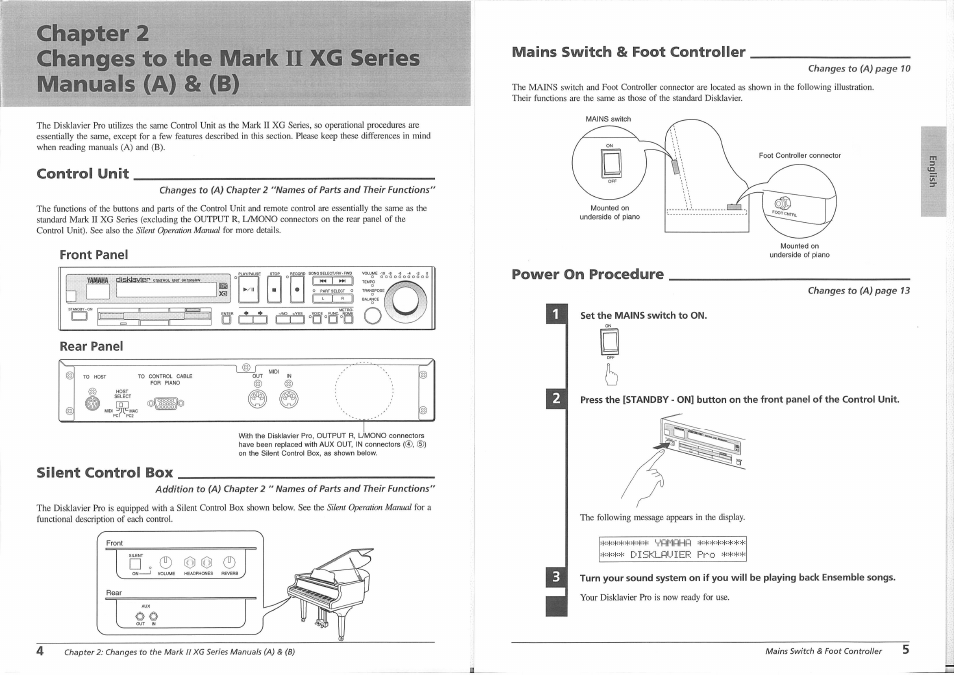 Set the mains switch to on, Mains switch & foot controller, Control unit | Silent control box, Power on procedure, Silent operation manual, Front panel, Rear panel | Yamaha Disklavier PRO Series User Manual | Page 6 / 14