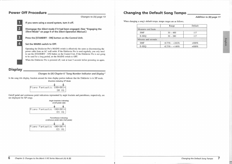 If you were using a sound system, turn it off, Set the mains switch to off, Piano f | Hintast-ic œ0« 00 v es xg, Power off procedure, Display, Changing the default song tempo | Yamaha Disklavier PRO Series User Manual | Page 7 / 14