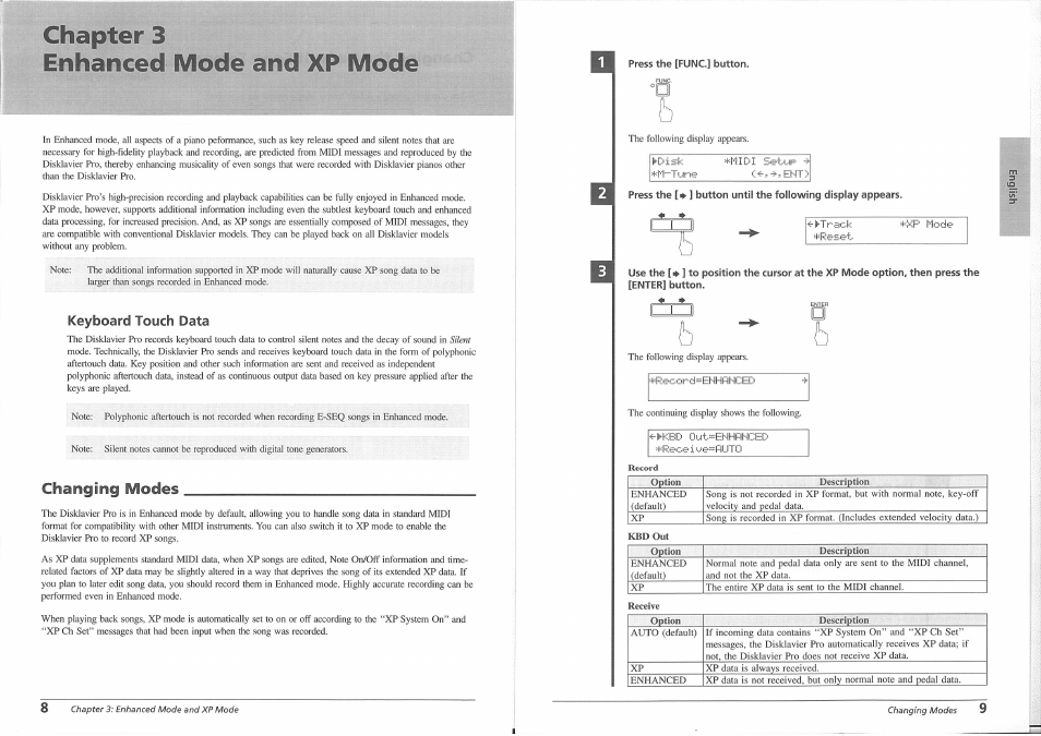 Press the [func.] button, Chapter 3 enhanced mode and xp mode, Record option description | Kbd out option description, Receive option description, Changing modes | Yamaha Disklavier PRO Series User Manual | Page 8 / 14