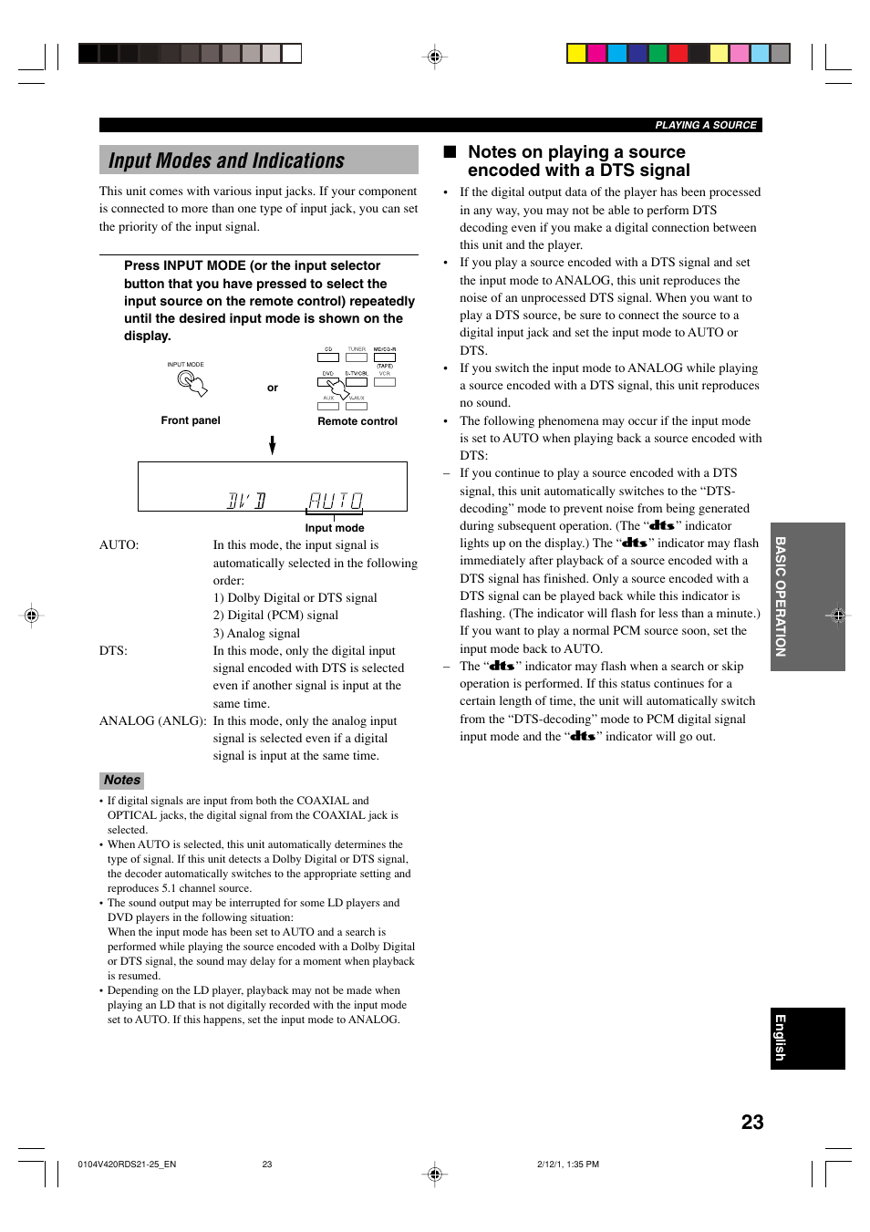 Input modes and indications | Yamaha RX-V420RDS User Manual | Page 25 / 57