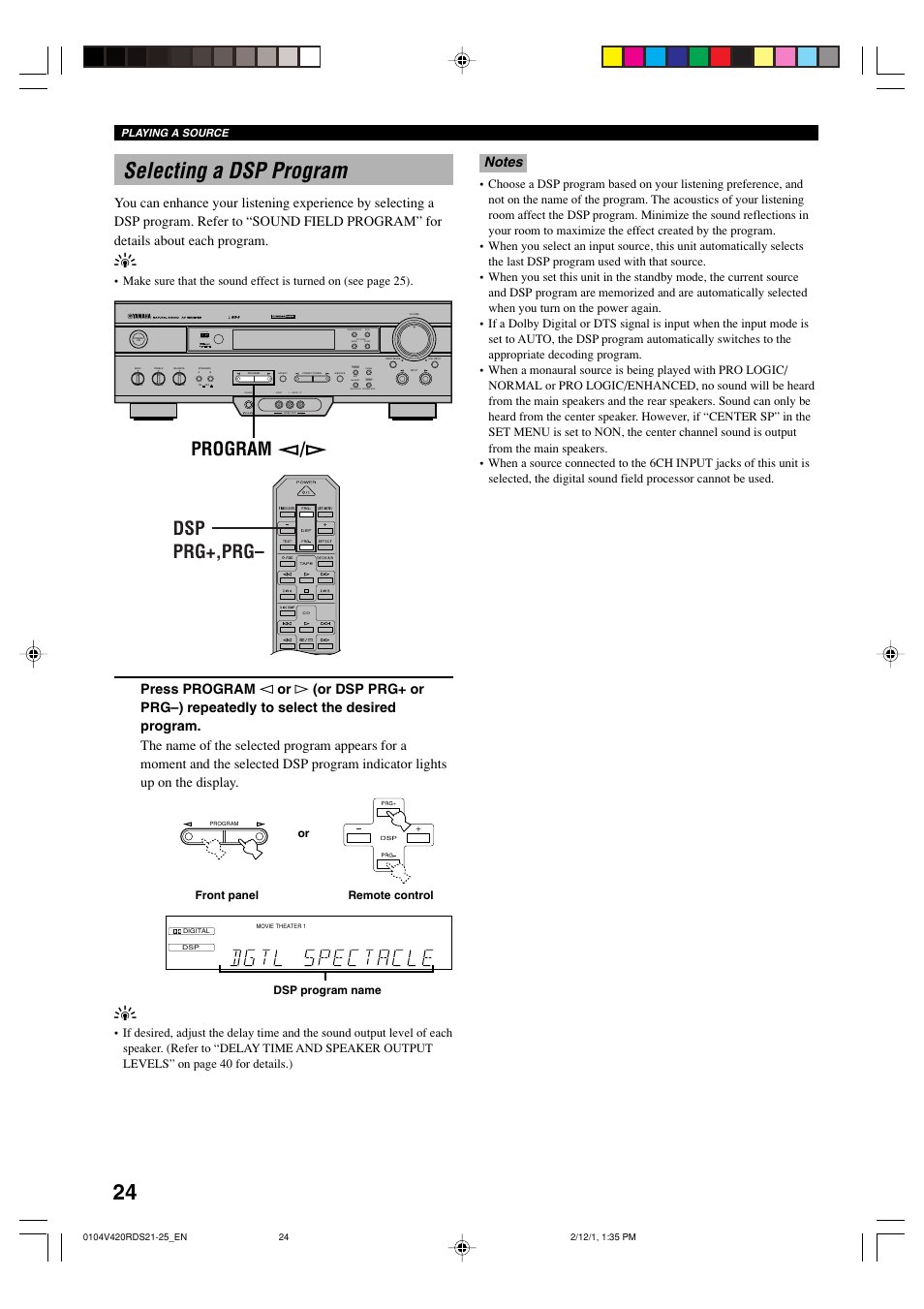 Selecting a dsp program, 24 selecting a dsp program, Program | Dsp prg+,prg, Front panel or remote control dsp program name, Playing a source | Yamaha RX-V420RDS User Manual | Page 26 / 57