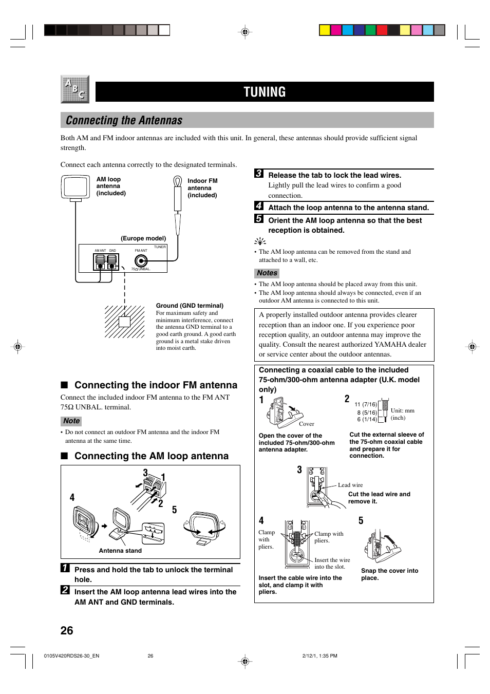 Tuning, Connecting the antennas, Connecting the indoor fm antenna | Connecting the am loop antenna | Yamaha RX-V420RDS User Manual | Page 28 / 57