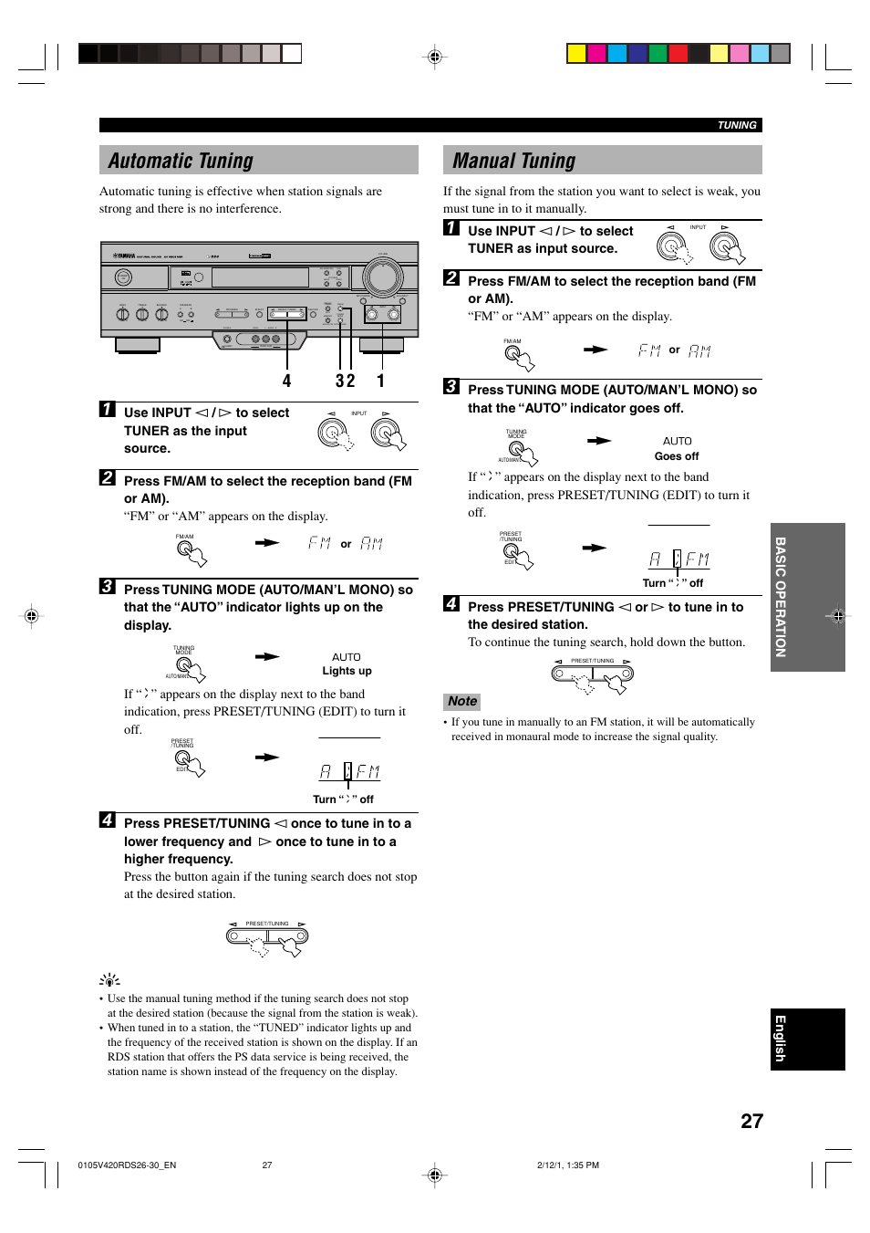 Automatic tuning, Manual tuning, Use input l / h to select tuner as input source | Yamaha RX-V420RDS User Manual | Page 29 / 57