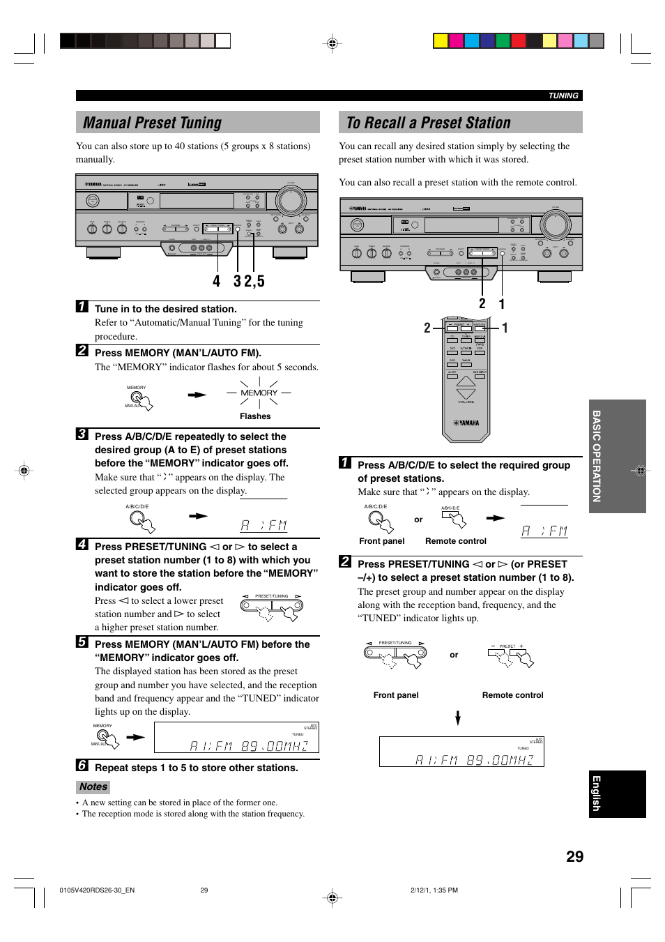 Manual preset tuning, To recall a preset station, Flashes | Front panel or remote control or, Front panel remote control, Tuning | Yamaha RX-V420RDS User Manual | Page 31 / 57