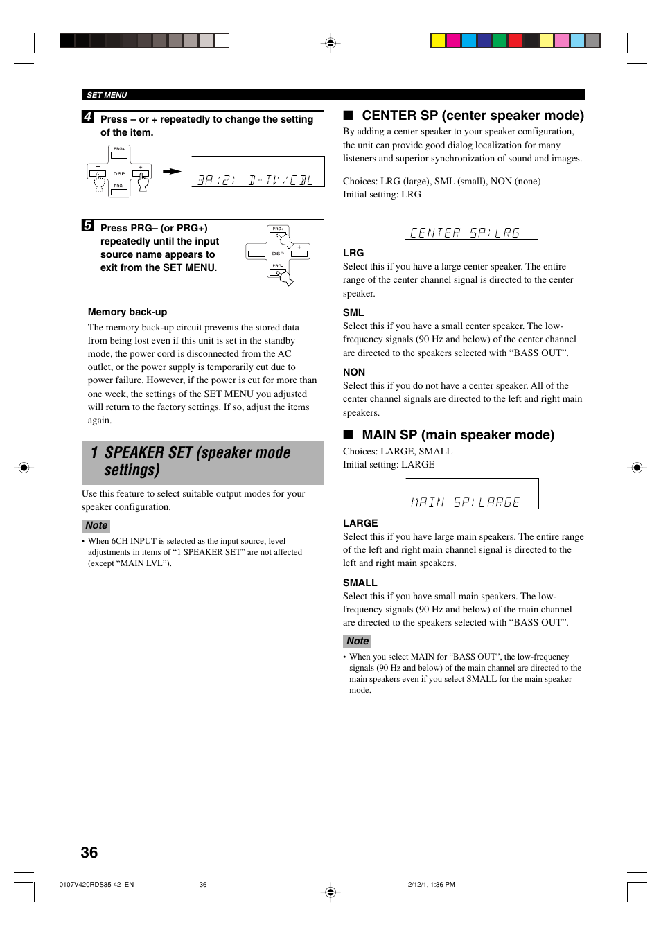 1 speaker set (speaker mode settings), Center sp (center speaker mode), Main sp (main speaker mode) | Yamaha RX-V420RDS User Manual | Page 38 / 57