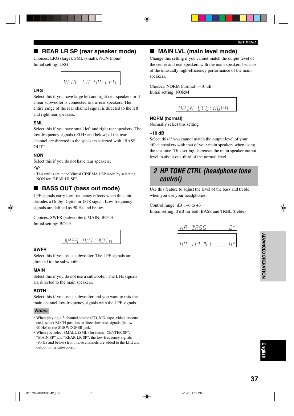 2 hp tone ctrl (headphone tone control), Rear lr sp (rear speaker mode), Bass out (bass out mode) | Main lvl (main level mode) | Yamaha RX-V420RDS User Manual | Page 39 / 57