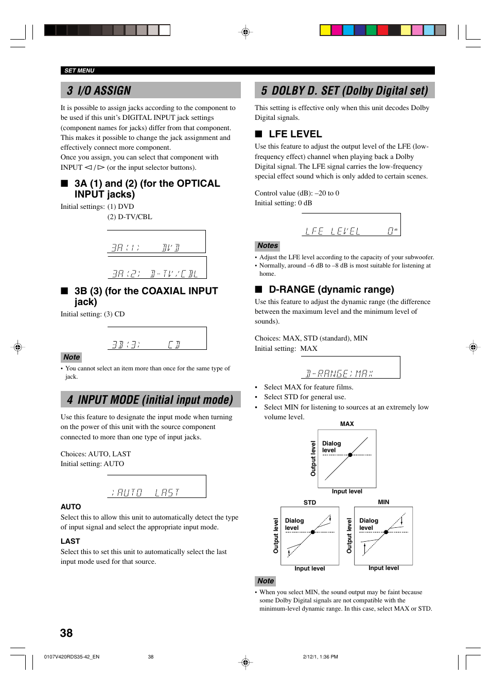 3 i/o assign, 4 input mode (initial input mode), 5 dolby d. set (dolby digital set) | 38 3 i/o assign, 3a (1) and (2) (for the optical input jacks), 3b (3) (for the coaxial input jack), Lfe level, D-range (dynamic range) | Yamaha RX-V420RDS User Manual | Page 40 / 57