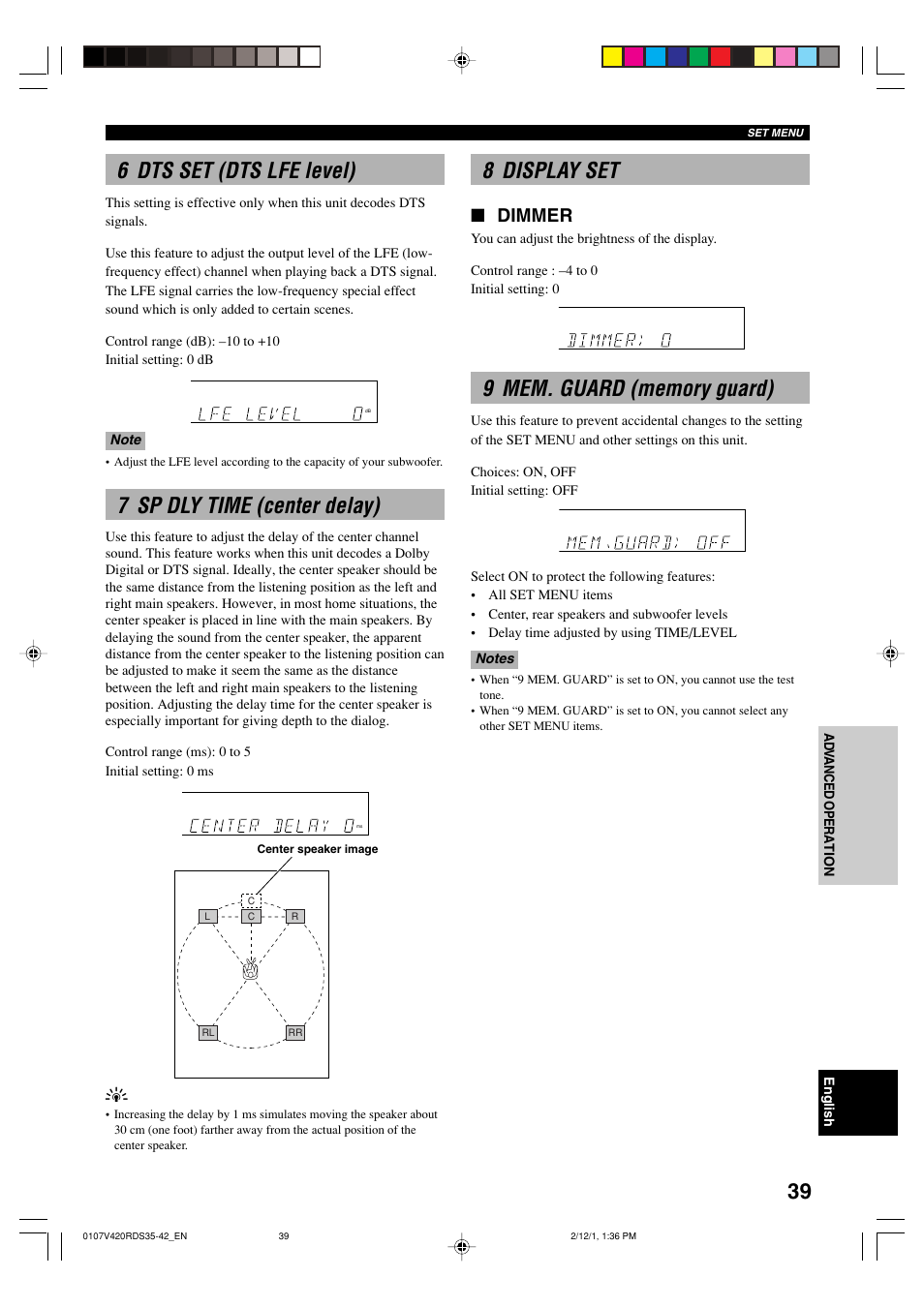 6 dts set (dts lfe level), 7 sp dly time (center delay), 8 display set | 9 mem. guard (memory guard), Dimmer | Yamaha RX-V420RDS User Manual | Page 41 / 57