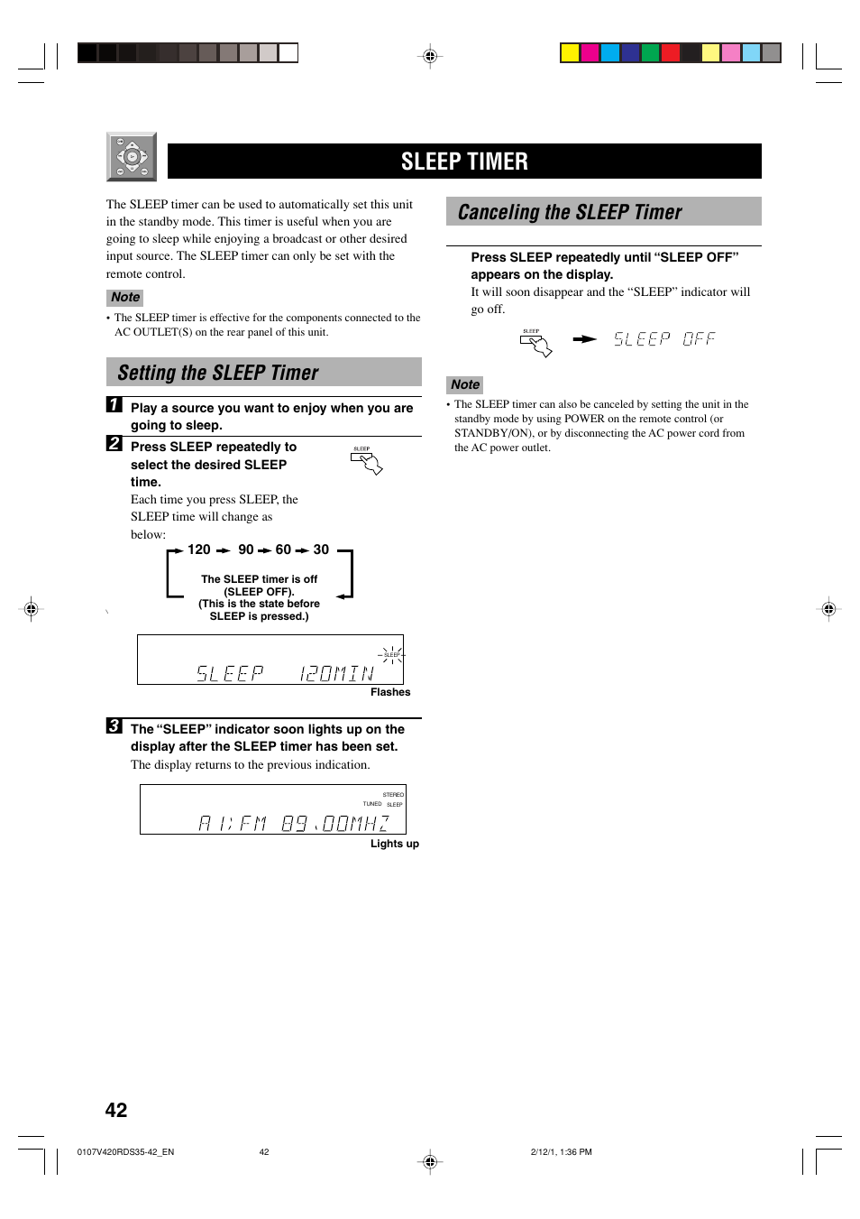 Sleep timer, Setting the sleep timer, Canceling the sleep timer | Setting the sleep timer 1 | Yamaha RX-V420RDS User Manual | Page 44 / 57