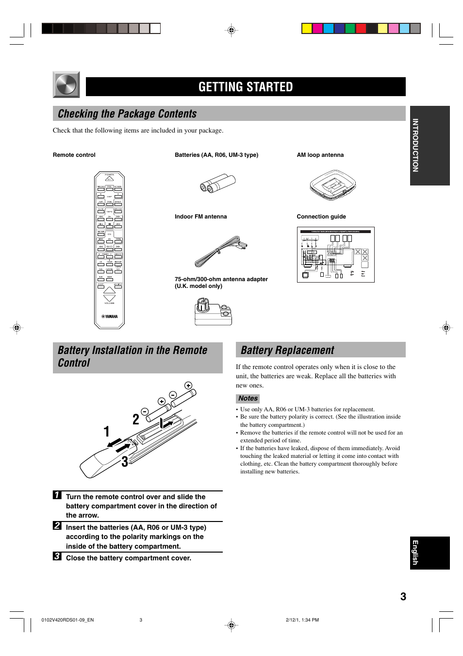 Getting started, Checking the package contents, Battery installation in the remote control | Battery replacement, Battery installation in the remote control 1 | Yamaha RX-V420RDS User Manual | Page 5 / 57