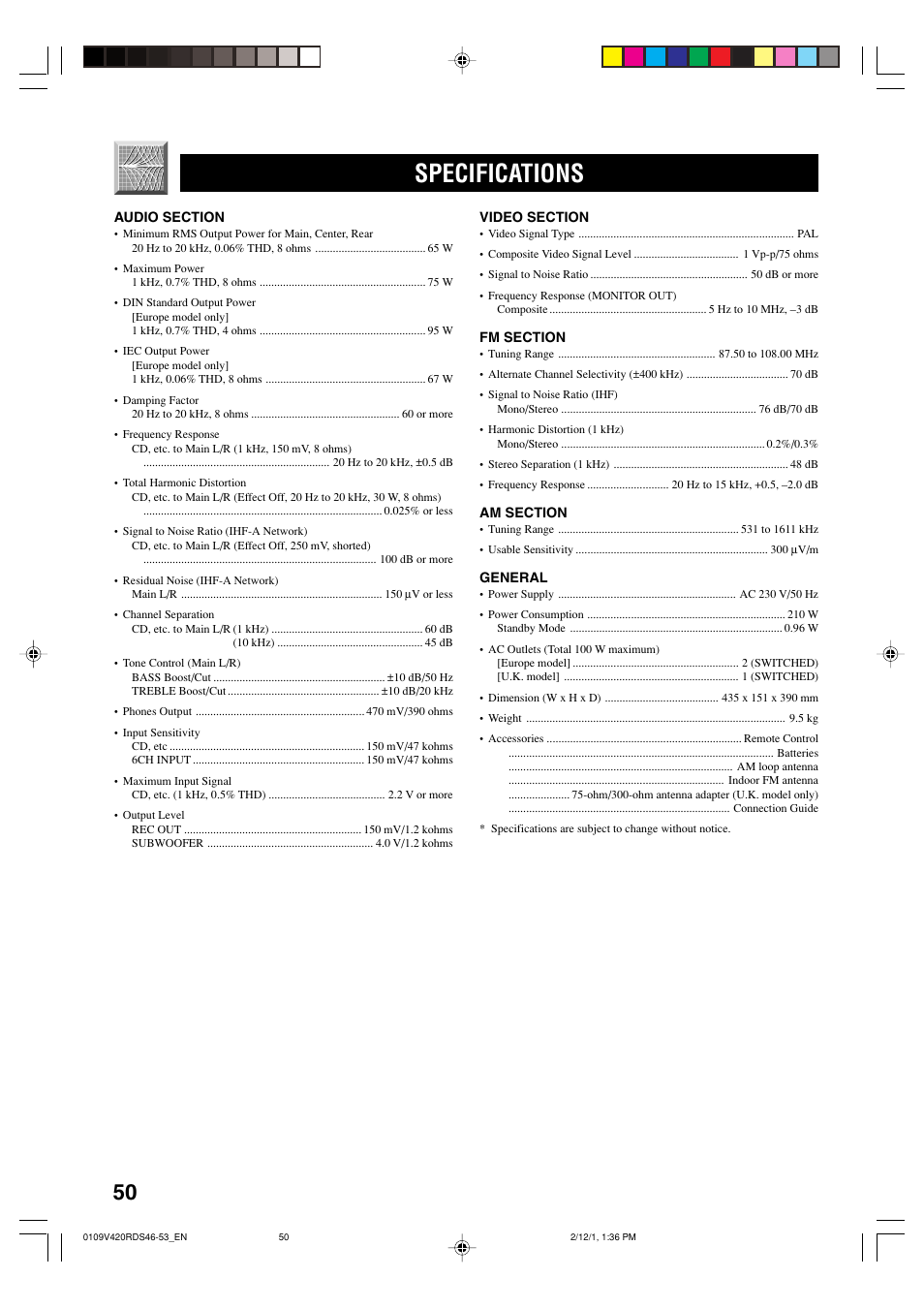 Specifications | Yamaha RX-V420RDS User Manual | Page 52 / 57