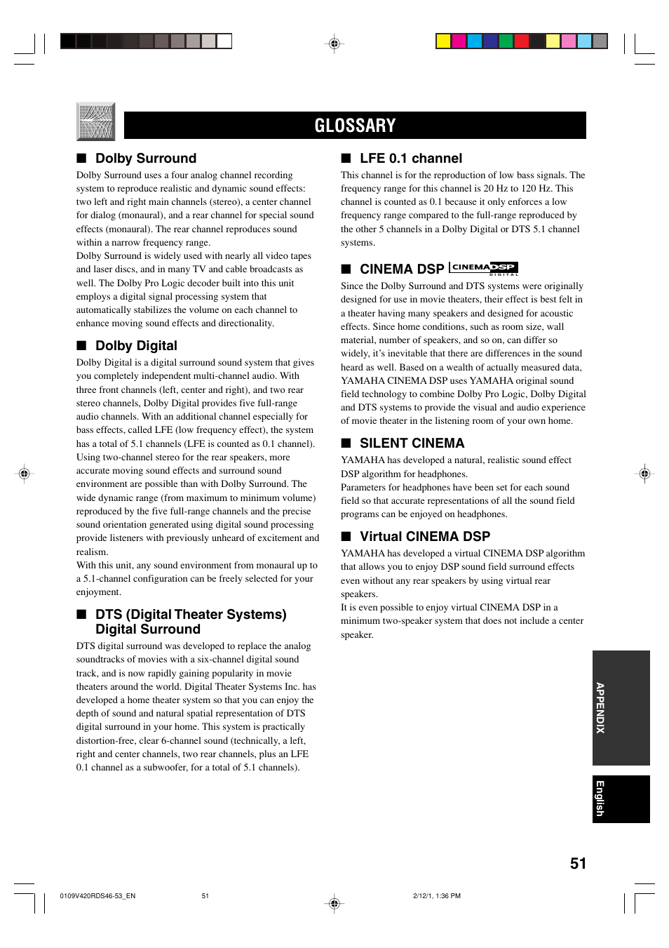 Glossary, Dolby surround, Dolby digital | Dts (digital theater systems) digital surround, Lfe 0.1 channel, Cinema dsp, Silent cinema, Virtual cinema dsp | Yamaha RX-V420RDS User Manual | Page 53 / 57