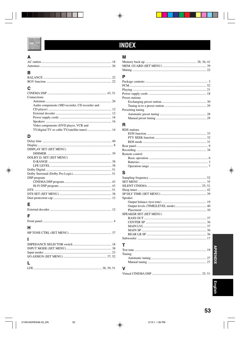 Index | Yamaha RX-V420RDS User Manual | Page 55 / 57